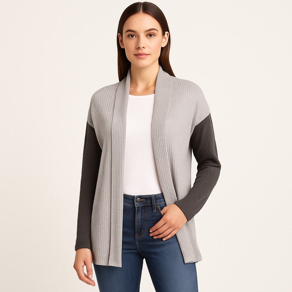 Bobeau Women’s M Gray Colorblock Waffle Knit Open Front Cardigan Sweater